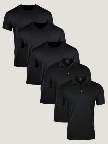 All Black Staples 5-Pack | Black Crew Neck Tees & Black Polos | Fresh Clean Threads