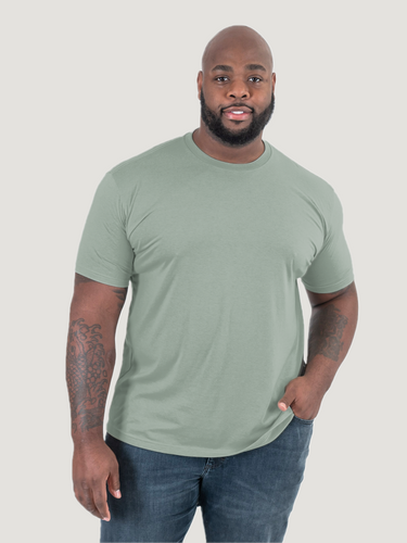 Corey is 6'2", 250LBS and wears a size 3XL # Corey wears size 3XL | Vintage Green Crew Neck Tee | Fresh Clean Threads