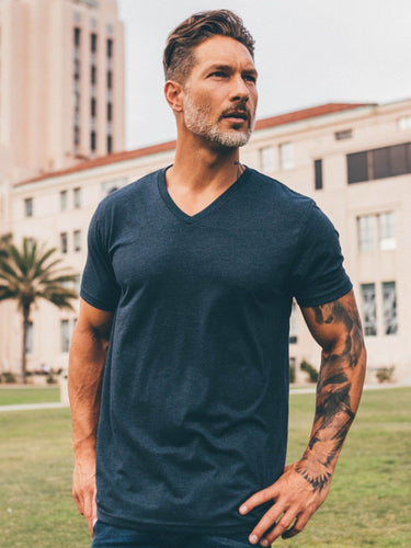 weston is 6'1,195bs and wears size l # Tee Box V-Neck 3-Pack | Navy Lifestyle Size Medium | Fresh Clean Threads