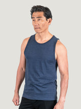 Phil is 6'1, 185lbs and wears a size M # Navy Pacific Beach Tank Top Studio Size Medium | Fresh Clean Threads