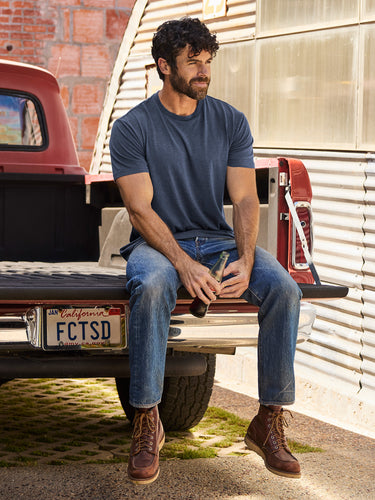 Matthew is 6'1" and wears a size L # Vault Navy Crew Neck | Pigment dyed for a washed, vintage look