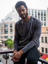 Jarrett is 6', 168lbs and wears a size M # Mix + Match 5-Pack Graphite Long Sleeve Crew Lifestyle Size Medium | Fresh Clean Threads