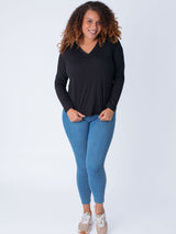 Micah is 5'9, size 10 and wears a size L # Women's Long Sleeve V-Necks | Black | Fresh Clean Threads