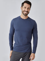 Patrick is 5'10", 163LBS and wears a size M # Steel Blue Long Sleeve Crew Neck | Studio Image | Model Size Medium | Fresh Clean Threads