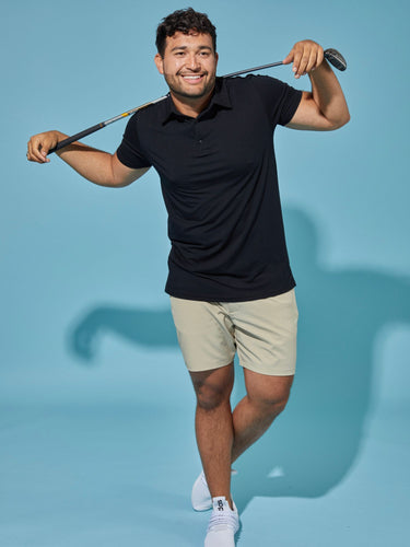 Matheus is 6', 210LBS and wears a size XL # All Black Performance Polo 3-pack Golf Studio Model Size XL | Fresh Clean Threads