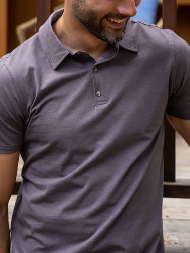 Colt is 6'2, 200lbs and wears a size M # Purple Galaxy Torrey Polo Lifestyle Size Medium | Fresh Clean Threads