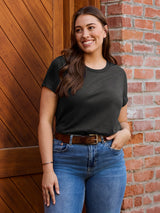 Laurel is 5'7" and wears a size M  # Women's Vault Black Crew Neck | Limited Edition Collection at FCT