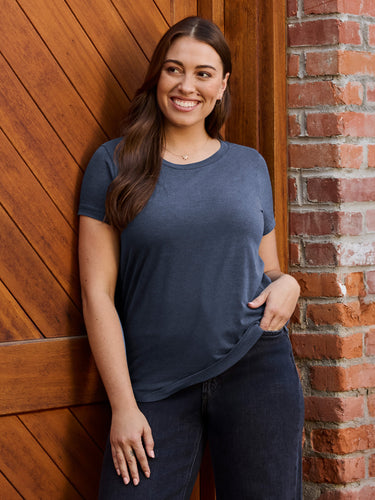 Laurel is 5'7" and wears a size M  # Women's Vault Navy Crew Neck | Limited Edition Collection at FCT