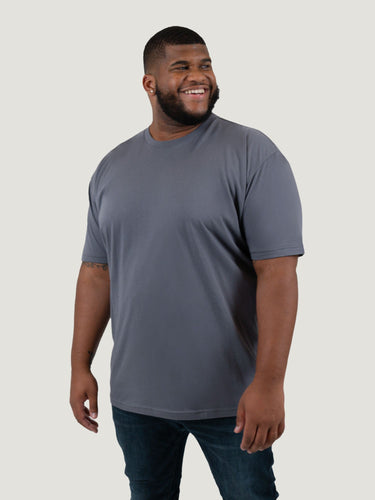 Steven is 6', 275lbs and wears a size 3xl # Slate Crew Neck Tee | Steven wears size 3XL tees