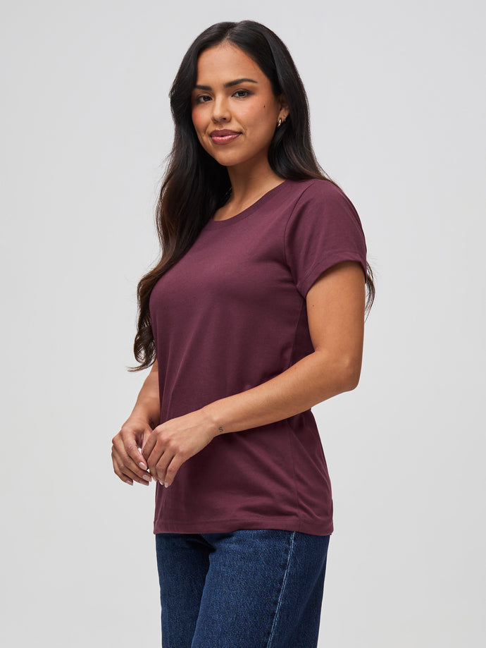 Nathalie is 5'6" and wears a size S # Model Nathalie in the Women's Merlot Crew Neck Tee | Fresh Clean Threads