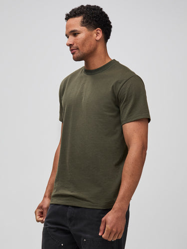 Mikah is 6'1" and wears a size medium # Cypress Tuff Tee at Fresh Clean Threads | HeavyWeight Material | Vintage-Look Tees 