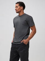 Mikah is 6'1" and wears a size medium # Tuff Tee in Pewter | Crew Tee | Heavy Weight Material for Durability
