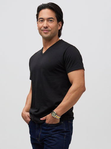 Kai is 5'8" and wears a size Medium Short  # Black V-Neck now available in Short Length | Fresh Clean Threads