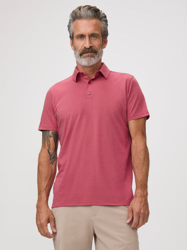 Michael is 6'1" and wears a size M # Coral Polo Shirts for Men | Resists fading, pilling, and stretching