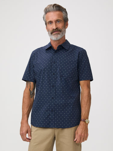 navy print short sleeve shirts | holds color, print, and shape through every wash