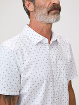 FCT White Print button-up worn open, casual warm-weather men's style
