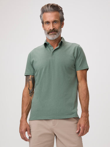 Michael is 6'1" and wears a size M # Model Wears Size M in Pistachio Torrey Polo | Fresh Clean Threads