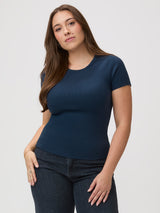 Laurel is 5'7" and wears a size M # New Ribbed Crew Tees at Fresh Clean Threads | Shop the Dark Navy Ribbed Tee
