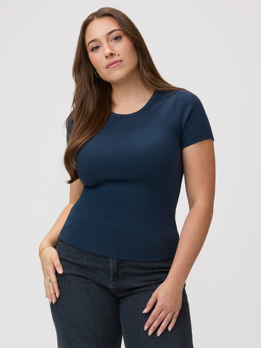 Laurel is 5'7" and wears a size M # New Ribbed Crew Tees at Fresh Clean Threads | Shop the Dark Navy Ribbed Tee