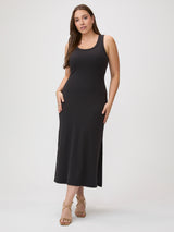 A ribbed dress for everyday # Women's ribbed tank dress in black - fitted maxi length with side slit and bra-friendly neckline
