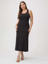 A ribbed dress for everyday # Women's ribbed tank dress in black - fitted maxi length with side slit and bra-friendly neckline