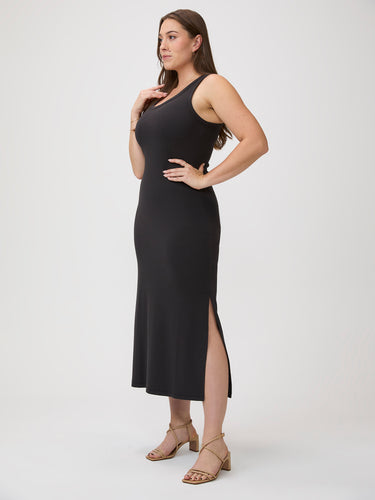 Soft-sculpt ribbed with side slit # Side slit detail on women's ribbed tank dress - allows easy movement in fitted maxi length
