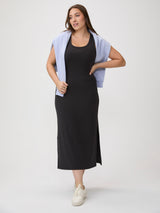 A maxi dress that actually fits # Women's ribbed maxi dress styled with sweater and tennis shoes for an evening out