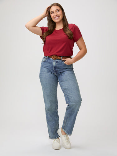 Style Tucked or Untucked # Woman wearing a red t-shirt | lightweight breathable fabric 