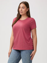 Laurel is 5'7" and wears a size M # Women's Coral Crew Neck Tees | Ultra-soft fabric with a smooth finish
