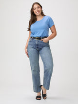 Woman wearing a blue t-shirt | durable, everyday women's crew neck tees