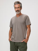 Michael is 6'1" and wears a size M # Men's Model Wears a Medium | Taupe V-Neck | Summer at Fresh Clean Threads
