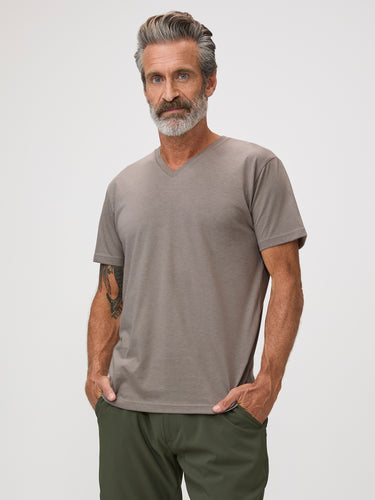 Michael is 6'1" and wears a size M # Men's Model Wears a Medium | Taupe V-Neck | Summer at Fresh Clean Threads