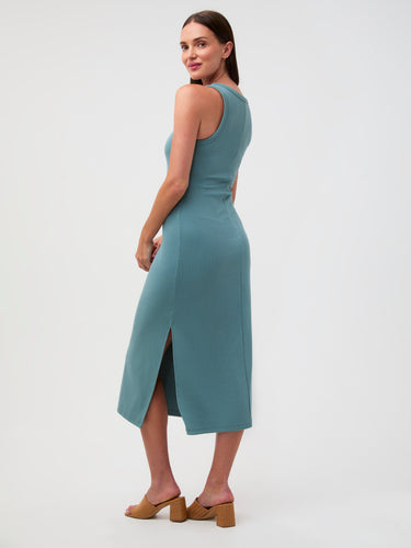 The One-and-Done Dress # Side slit detail on women's ribbed tank dress - allows easy movement in fitted maxi length