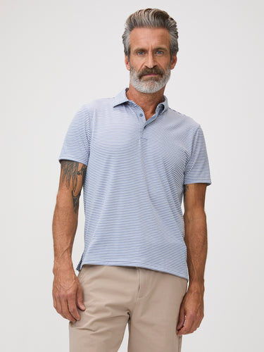 Michael is 6'1" and wears a size M # Performance Polos | Striped | Everyday Style at Fresh Clean Threads
