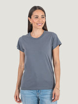 Sarah is 5'8, size 2 and wears a size XS # Women's Slate Crew Neck Tee | Sarah Studio Size X-Small Untucked | Fresh Clean Threads