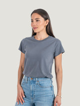 Sarah is 5'8, size 2 and wears a size XS # Women's Slate Crew Neck Tee | Studio Size X-Small Sarah Tucked | Fresh Clean Threads