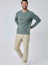 Patrick is 5'10", 163LBS and wears a size M # Mercury Green Thermal Long Sleeve Crew Full Body Studio Image | Fresh Clean Threads