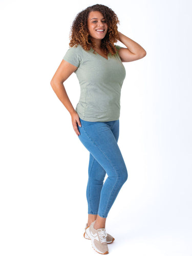 Micah is 5'9, size 10 and wears a size L # Women's Tees | Vintage Green V-Neck | Fresh Clean Threads