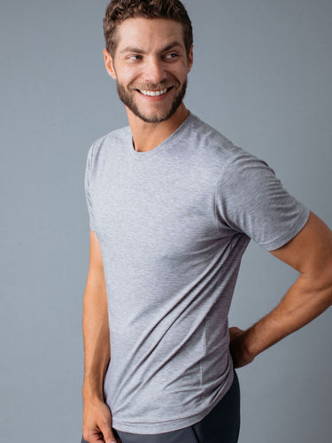 Joe is 6'2, 177LBS and wears a size L # Heather Grey Performance Crew Necks | Fresh Clean Threads