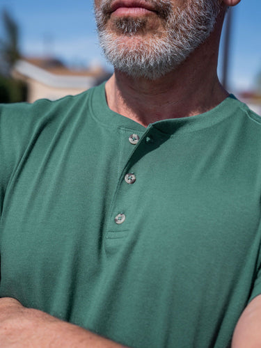 Jamie is 6'2, 200lbs and wears a size M # Fresh Colors Short Sleeve Henley 3-Pack | Model Wears Size Medium | Fresh Clean Threads
