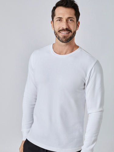 Patrick is 5'10", 163LBS and wears a size M # Foundation Thermal Long Sleeve Crew 3-Pack | Model wears the White Thermal | Fresh Clean Threads