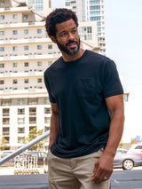 Jarrett is 6', 168lbs and wears a size M # Black Pocket Tee Crew Neck | Fresh Clean Threads