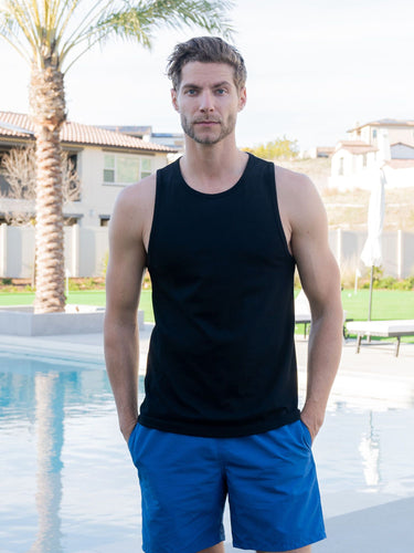 Joe is 6'2, 177LBS and wears a size M # Black Tank Top | Fresh Clean Threads
