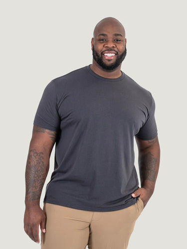 Corey is 6'2", 250LBS and wears a size 3XL # Vintage Black Crew Neck Tee | Corey is 6'2" and wears a size 3XL | Fresh Clean Threads
