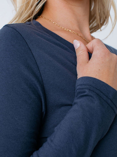 Women's Odyssey Blue Long Sleeve V-Neck Closeup | Fresh Clean Threads