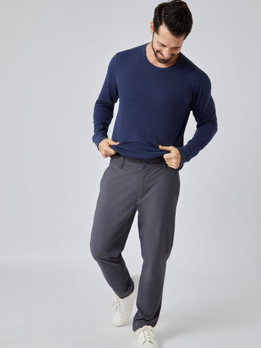 Patrick is 5'10", 163LBS and wears a size M # Navy Thermal Long Sleeve Crew Studio Full Body Image | Fresh Clean Threads