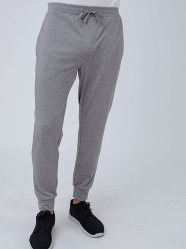 Joe is 6'2, 177LBS and wears a size L # Joggers | Heather Grey Day Off Jogger | Fresh Clean Threads