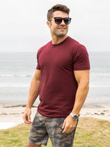 rob is 5'8, 160lbs and wears size m # Summer Saver's 5-Pack Garnet Crew Neck Tee Model | Fresh Clean Threads