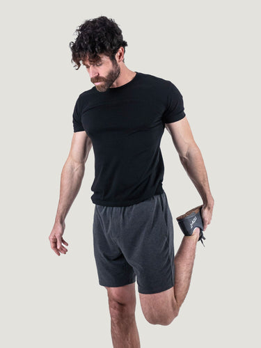 Matt is 6'1, 195LBS and wears a size M # Charcoal Day Off Short | Studio Model Size Medium, Front view | Fresh Clean Threads