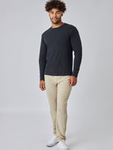 Joe is 6', 180LBS and wears a size L # Charcoal Thermal Long Sleeve Crew Studio Full Body Image | Fresh Clean Threads